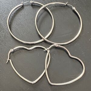 Silver Hoop and Heart Earrings Set